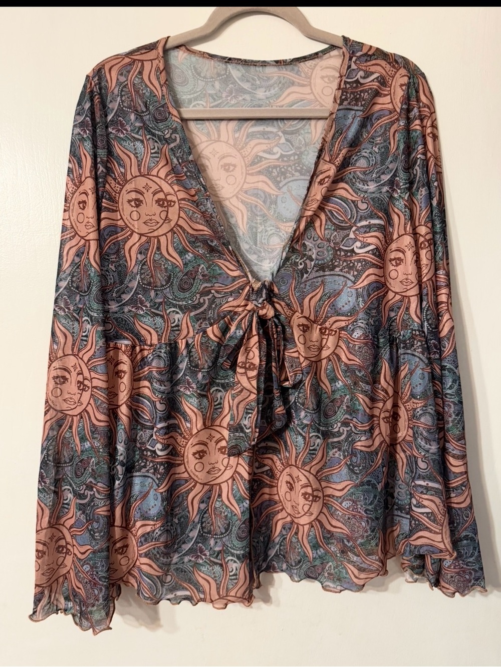 SHEIN Curve Celestial Sun Moon Butterfly Sheer Mesh Bell Sleeve Top 1XL